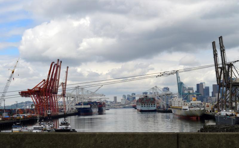 Container cranes and cargo vessels along the waterfront in Elliott Bay, with the Seattle skyline visible under a cloudy sky.