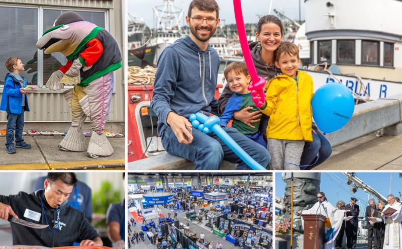 Collage of scenes from a waterfront event, including a costumed character interacting with a child, a family sitting near boats holding balloon animals and a balloon, a person preparing fish at a table, an indoor exhibition hall with vendor booths, and an outdoor ceremony with speakers at a podium next to a boat.
