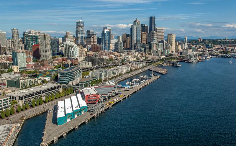 Aerial of Pier 66 with Seattle waterfront and downtown skyline.