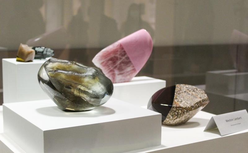 Pieces by Seattle-based artist Weston Lambert different five crystal like rocks colors pink, brown, gray, lavender, and metal gray