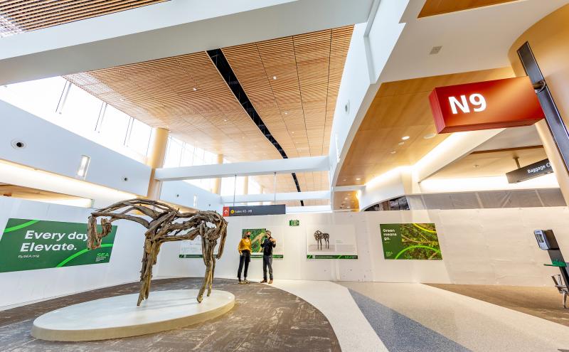 Driftwood-style sculpture displayed in a bright airport concourse with signage for Gate N9 and informational panels.