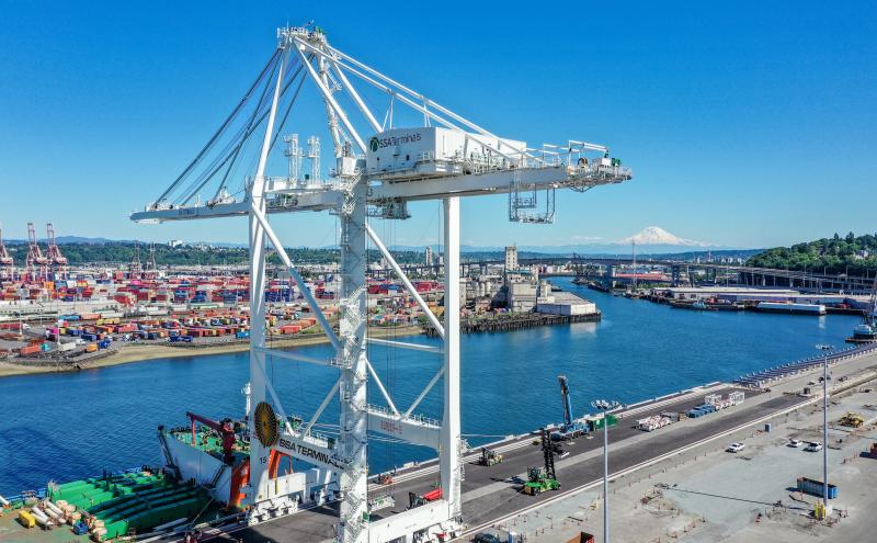 New ZPMC Super Post Panamax Crane at Terminal 5 with Mt Rainier in background.