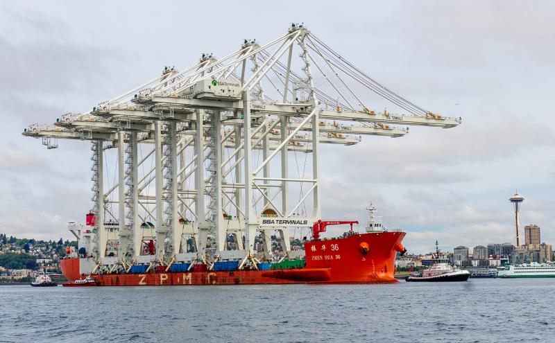 Four large gantry cranes arrive in Seattle for installation at Terminal 5