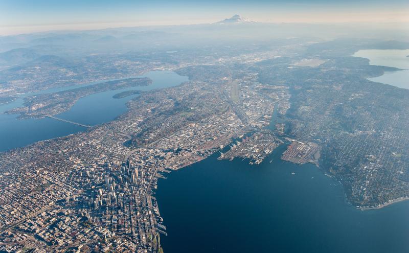 An aerial shot of the Seattle water font