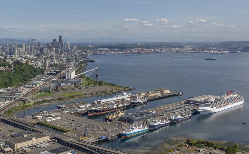 Aerial photo of Terminal 91 with cruise ships and commercial fishing vessels docked at the pier