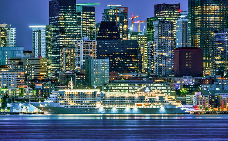 Cruise ship at berth with lights on