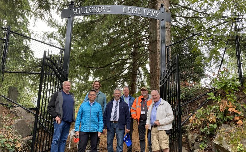 Port Commission President Fred Felleman with Port staff and Hillgrove cemetery board members at Hillgrove Cemetery