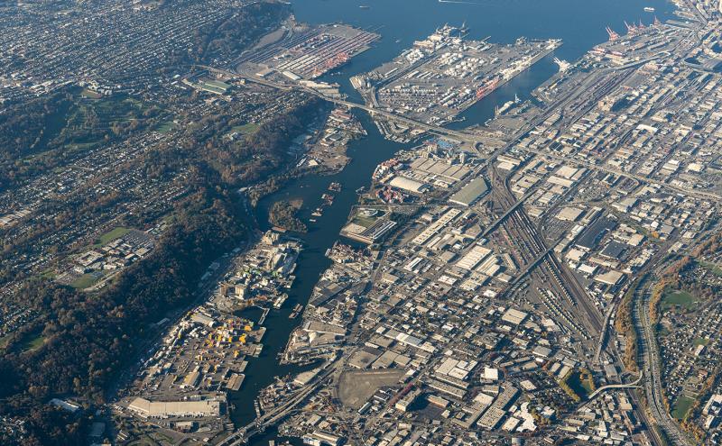 Aerial shot of Duwamish from the South looking toward Harbor Island and T18 in Elliott Bay in Seattle and 