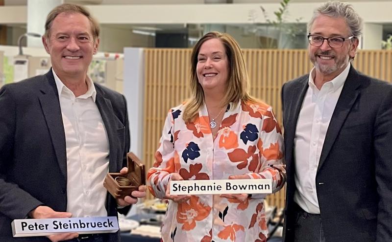 Departing Commissioners Steinbrueck and Bowman pose with current Commission President Felleman at a farwell party at Port headquarters