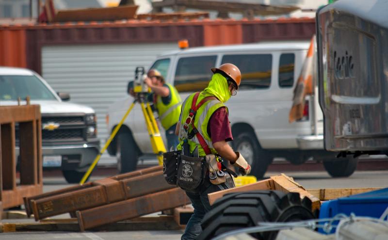 Construction workers work on Port construction projects