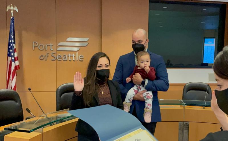 Commissioner Hasegawa and her family getting sworn into office.