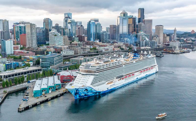 Norwegian Bliss cruise ship docked at Bell Street Cruise Terminal.