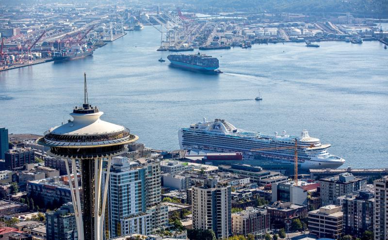 Overlook of the Space Needle and the Puget Sound seaport