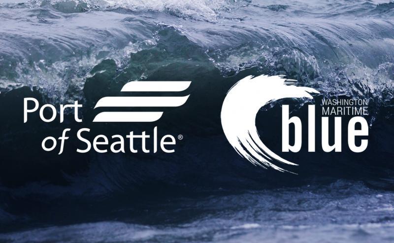 Logos for Port of Seattle and Washington Maritime Blue displayed over a background of dark ocean waves.