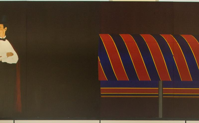 painted panel showing the assistant along beside a closed striped box on a stand, the magician is absent. 