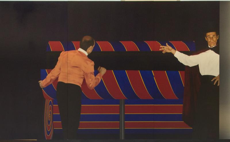 Painted panel showing the magician reappearing at the right edge, reaching toward the assistant who stands before the open box. 