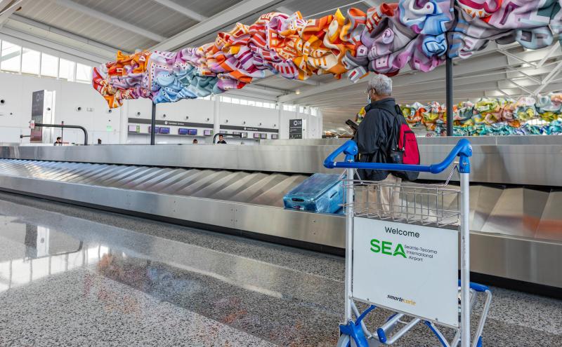 A passenger waits for luggage at a bag carousel in the new IAF, colorful art hangs overhead.