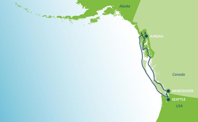 Map showing a cruise route along the Pacific Northwest coast. The route starts in Seattle in the USA, travels north past Vancouver in Canada, continues along the British Columbia coastline, and ends in Juneau, Alaska. Land areas are shown in green and the ocean in light blue, with labels for Seattle, Vancouver, Juneau, Alaska, Canada, and USA.