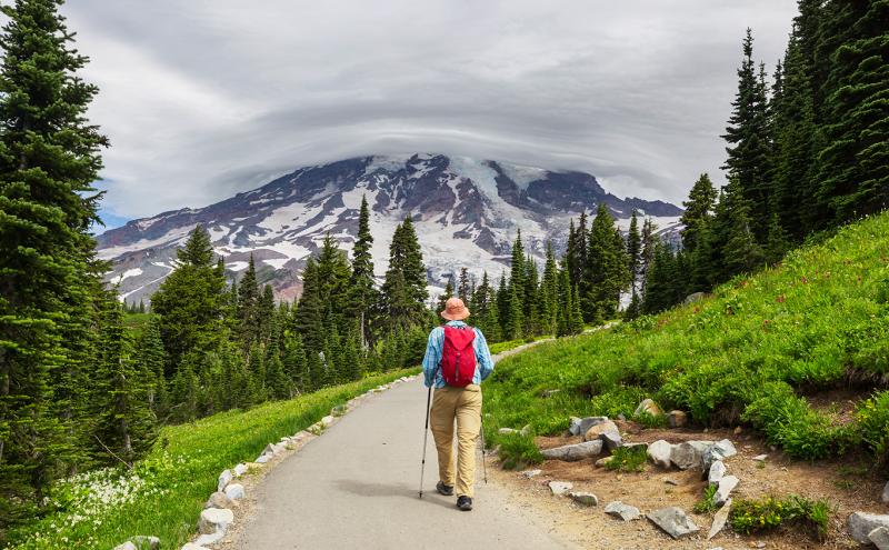 Hiker on a trail in Mount Rainier National Park.