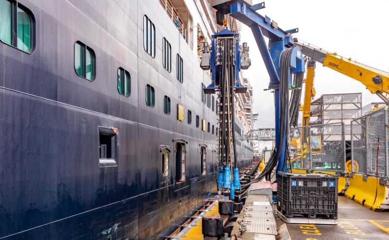 Giant electrical plug for a cruise ship's shore power.