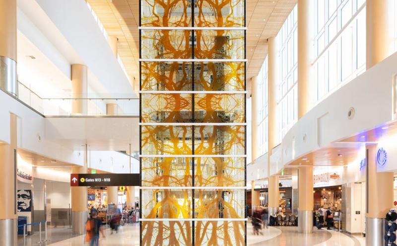 A tall narrow column of glass panels rising the full height of the airport consourse, etched with branching root and limb forms spreading across the surface.