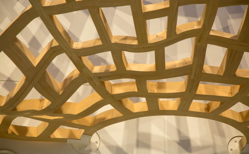 A view looking up through the open lattice of the cedar sculpture, showing the interlocking curved wood panels from beneath.