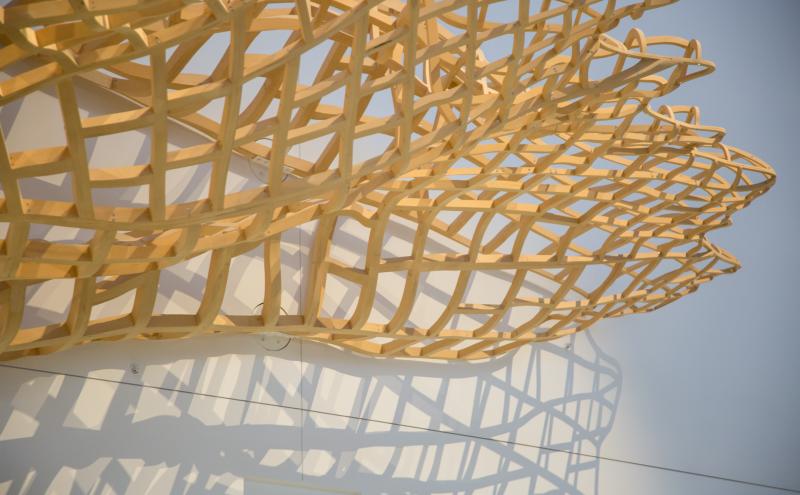 A close-up of the sculpture's undulating outer edge where the woven cedar lattice tapers to a point, with it's shadow cast on the wall below. 