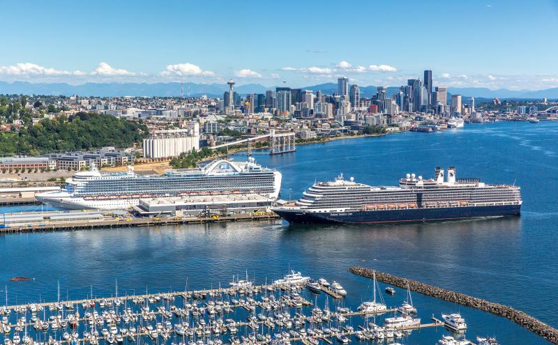 Aerial waterfront view showing two large cruise ships docked side by side at a terminal, with a marina full of smaller boats in the foreground and a city skyline and hills in the background.