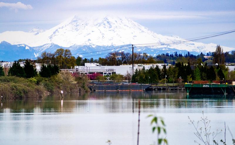 Waterfront scene with reflective water, trees and industrial buildings in the midground, and a snow-covered mountain in the background.