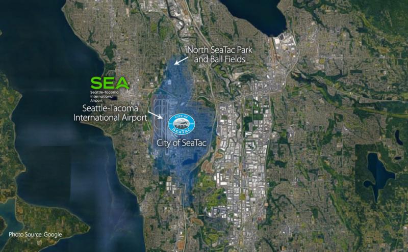 A satellite map highlights the City of SeaTac, showing the Seattle‑Tacoma International Airport and North SeaTac Park and Ball Fields within the marked area.