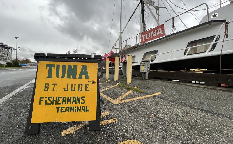 A yellow sidewalk sign advertising tuna at Fishermen’s Terminal, placed near a docked fishing vessel under a cloudy sky.