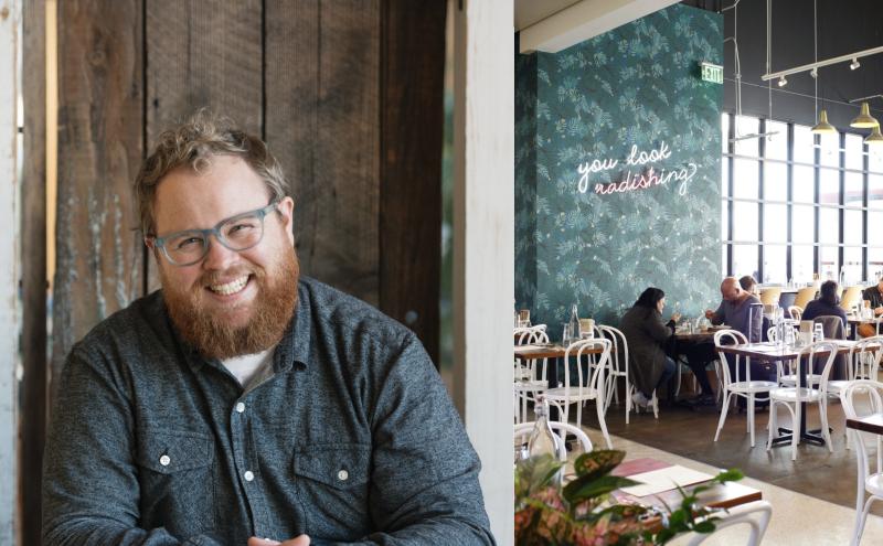 A portrait of a person sitting in front of wooden planks appears beside a restaurant scene with white chairs, wooden tables, large windows.