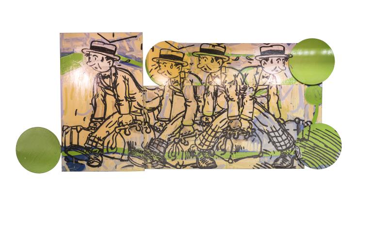 Travelor one of the paintings with four cartoon men carry baggage with circles that are green and a off white background