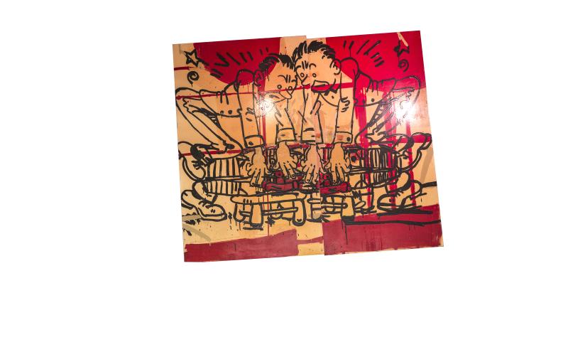 Travelor one of the paintings with two cartoon men hunched over a chair with a burst of red and a off white background