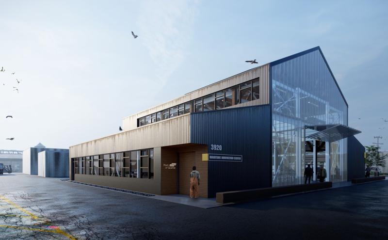 Rendering of exterior or Maritime Innovation Center building.