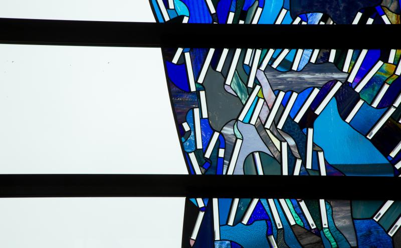 Close detail of For A.W. showing the angled beveled glass edges. 