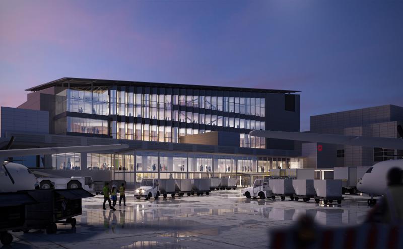 Exterior nighttime rendering of the C Concourse building