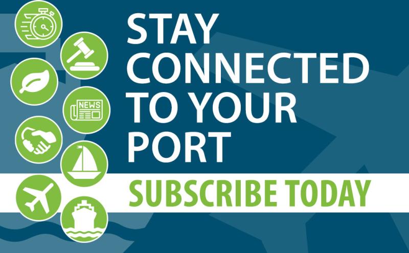 A promotional graphic with a dark teal background featuring the text “Stay Connected to Your Port” in large white letters and “Subscribe Today” in large green letters across a white horizontal band. On the left side, a vertical row of circular green icons shows simplified white illustrations: a stopwatch, a gavel, a leaf, a newspaper, a handshake, a sailboat, an airplane, and a cargo ship. The background includes subtle silhouettes of maritime and aviation shapes.