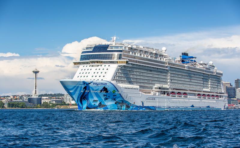 Norwegian Bliss cruise ship sailing out of Elliott Bay, Seattle