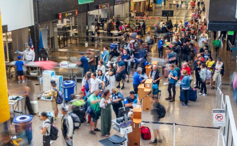 People at SEA Airport, traveling through TSA security checkpoints