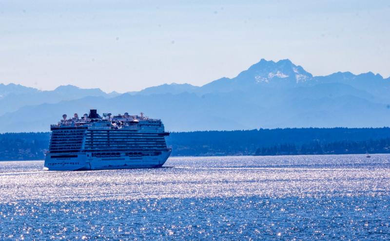 A large cruise ship travels across a sunlit blue bay with forested shoreline in the distance and tall, snow‑dusted mountains rising in the background.