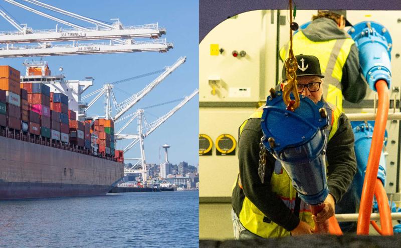 Split image showing a cargo ship loaded with colorful shipping containers beside large port cranes on the left, and a worker in a high‑visibility vest handling a large blue industrial connector inside a facility on the right.