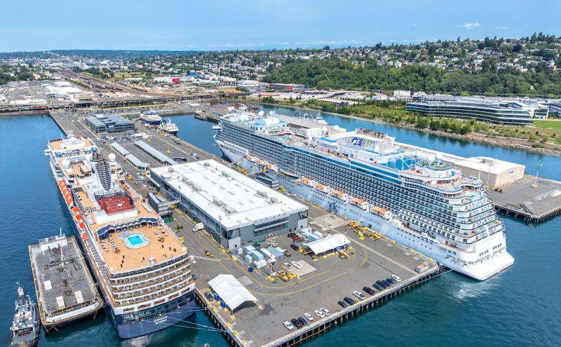 Two cruise ships docked at Smith Cove Cruise Terminal