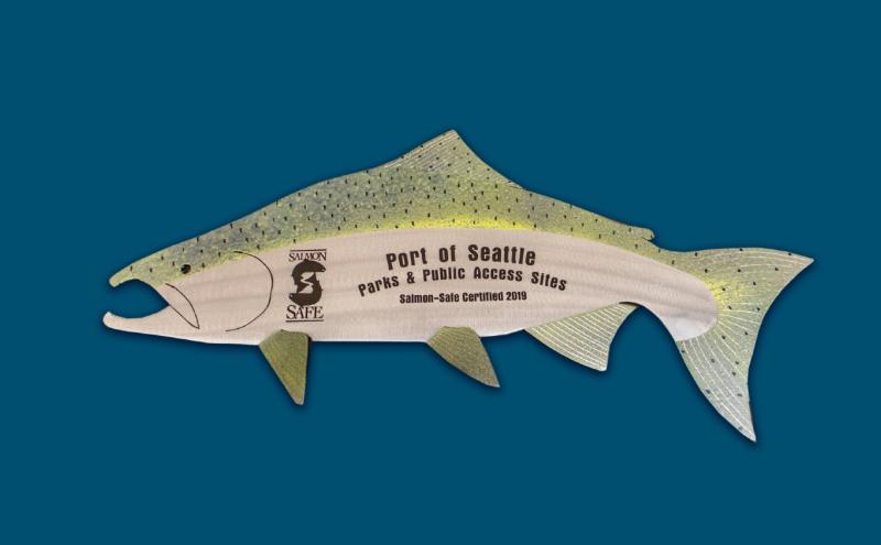 Salmon-Safe plaque, a fish that states Port of Seattle certification in 2019.