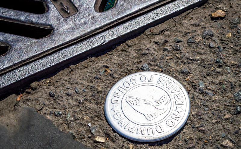 A metal storm‑drain grate beside a circular marker on the pavement that reads “No Dumping — Drains to Sound” with a fish symbol.