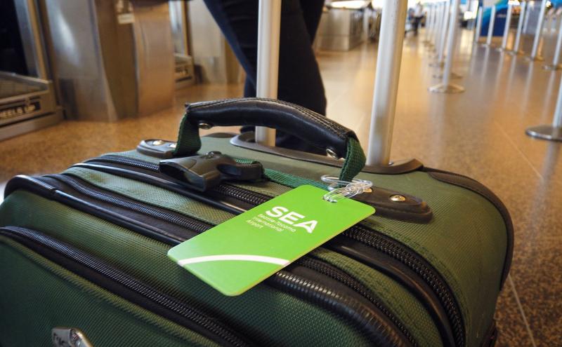 Close‑up of a green suitcase with an SEA luggage tag attached, positioned in an airport check‑in area with stanchions and counters in the background.