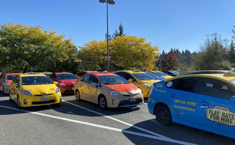 A row of colorful taxi cars, including yellow, orange, red, and blue vehicles, parked in a lot on a sunny day with trees in the background.