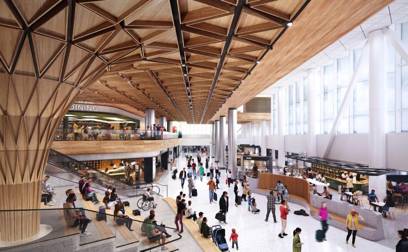 Rendering of the Concourse C expansion showing a spacious hall with wood‑patterned ceilings, seating areas, and travelers walking near dining and retail spaces.