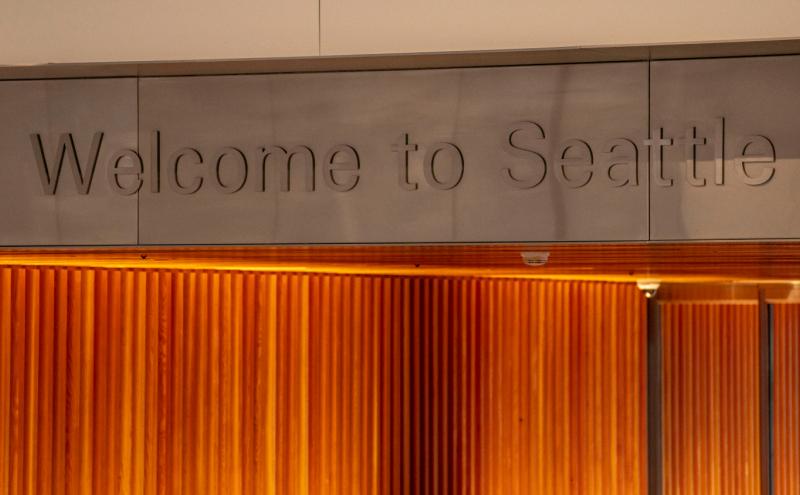 'Welcome to Seattle' sign in SEA Airport