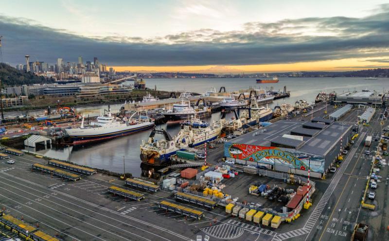 Terminal 91 full of trawlers preparing and provisioning to set sail to Alaska for the fishing season
